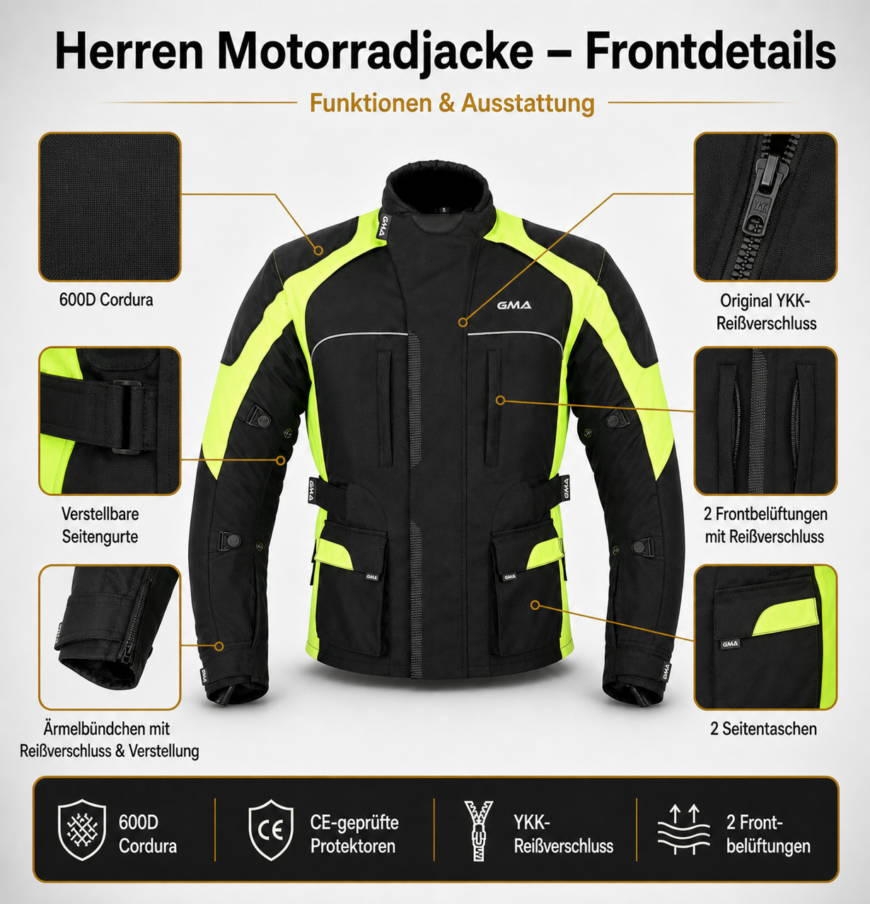 Neu Premium Herren Motorradjacke Schwarz Neon Gelb Biker Textil Motorrad Jacke A3 Details