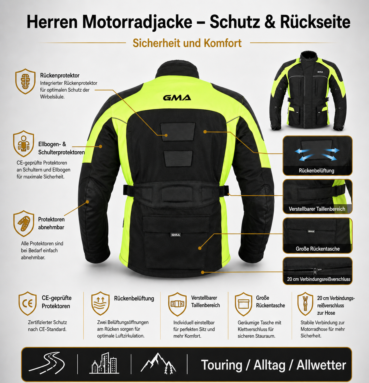 Neu Premium Herren Motorradjacke Schwarz Neon Gelb Biker Textil Motorrad Jacke A3 Details