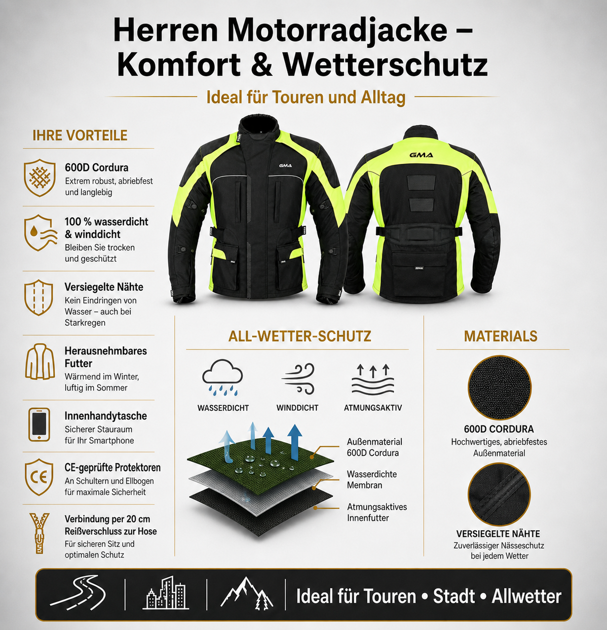 Neu Premium Herren Motorradjacke Schwarz Neon Gelb Biker Textil Motorrad Jacke A3 Details