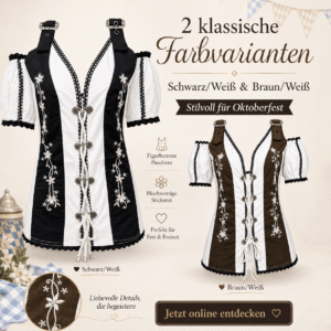 Schwarz weißes Damen Trachtenoberteil mit floraler Stickerei Schnürung und Puffärmeln für Oktoberfest und Trachtenfeste