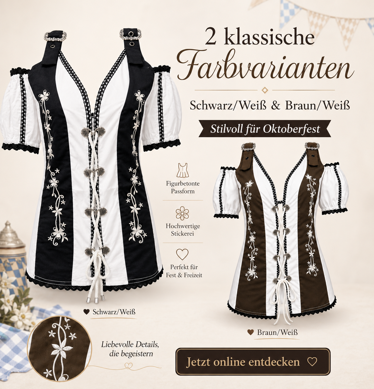 Schwarz weißes Damen Trachtenoberteil mit floraler Stickerei Schnürung und Puffärmeln für Oktoberfest und Trachtenfeste