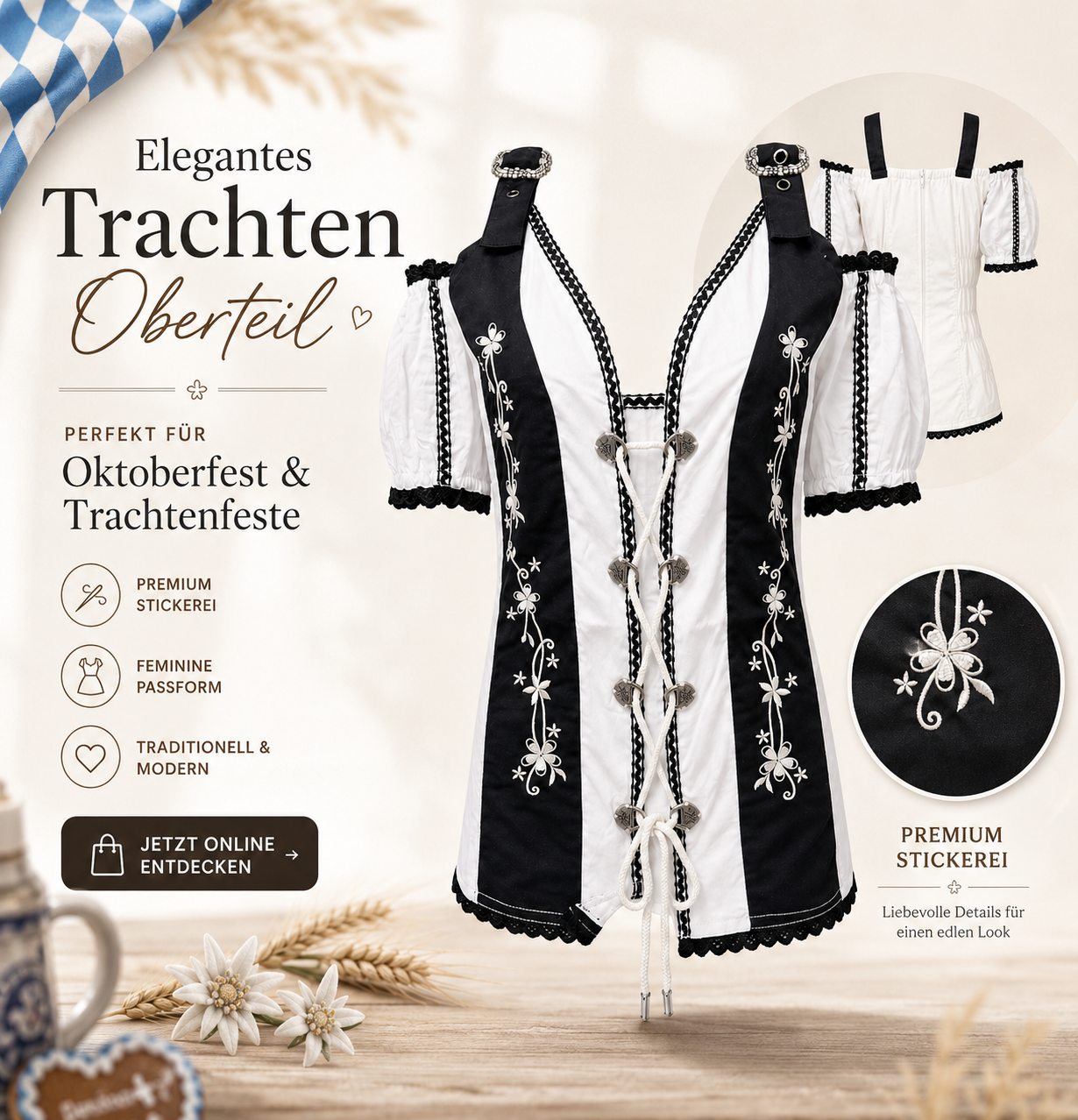 Damen Trachtenoberteile in Schwarz Weiß und Braun Weiß mit Stickerei Schnürung und Puffärmeln für Oktoberfest und Wiesn
