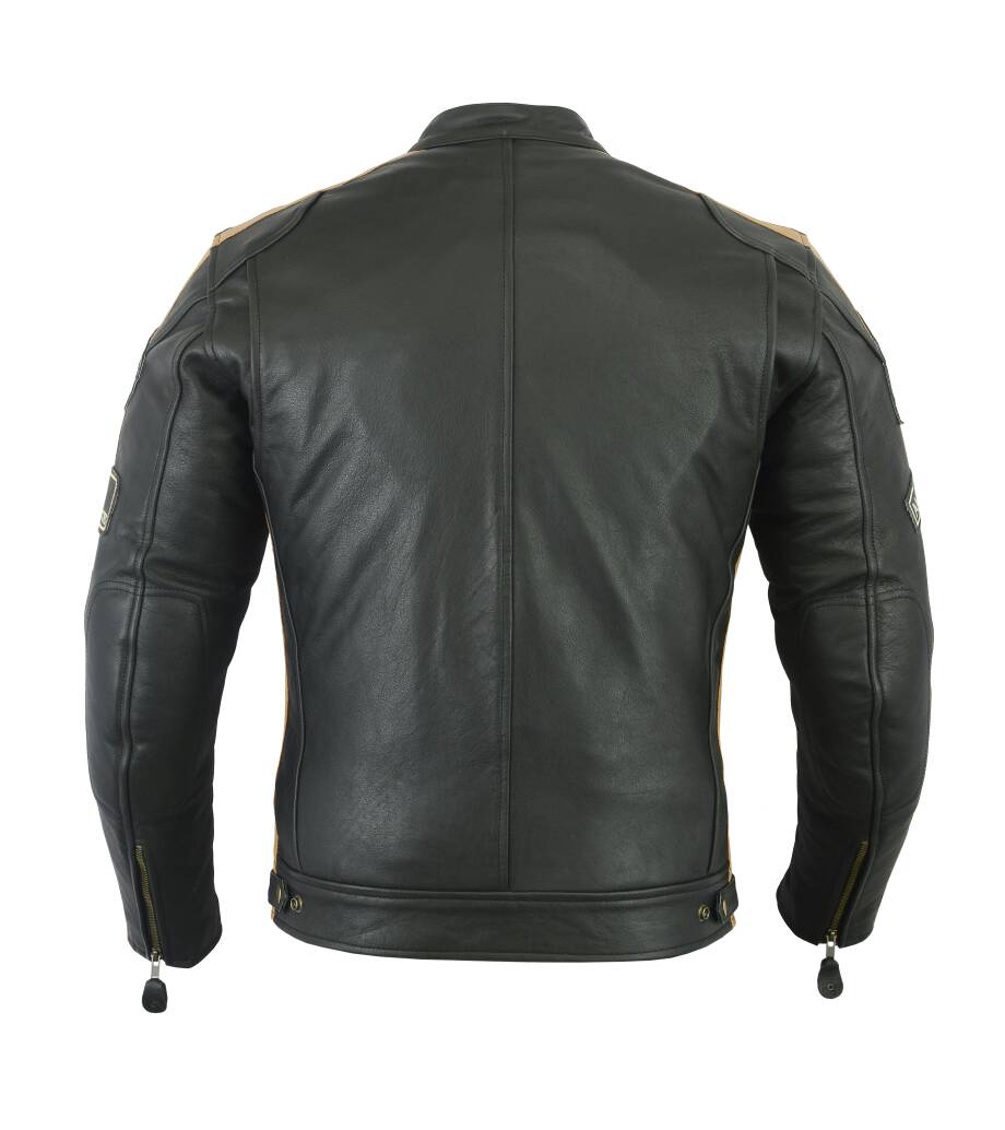 Herren Motorrad Lederjacke mit Weißen Streifen Schwarz Rück-Ansicht