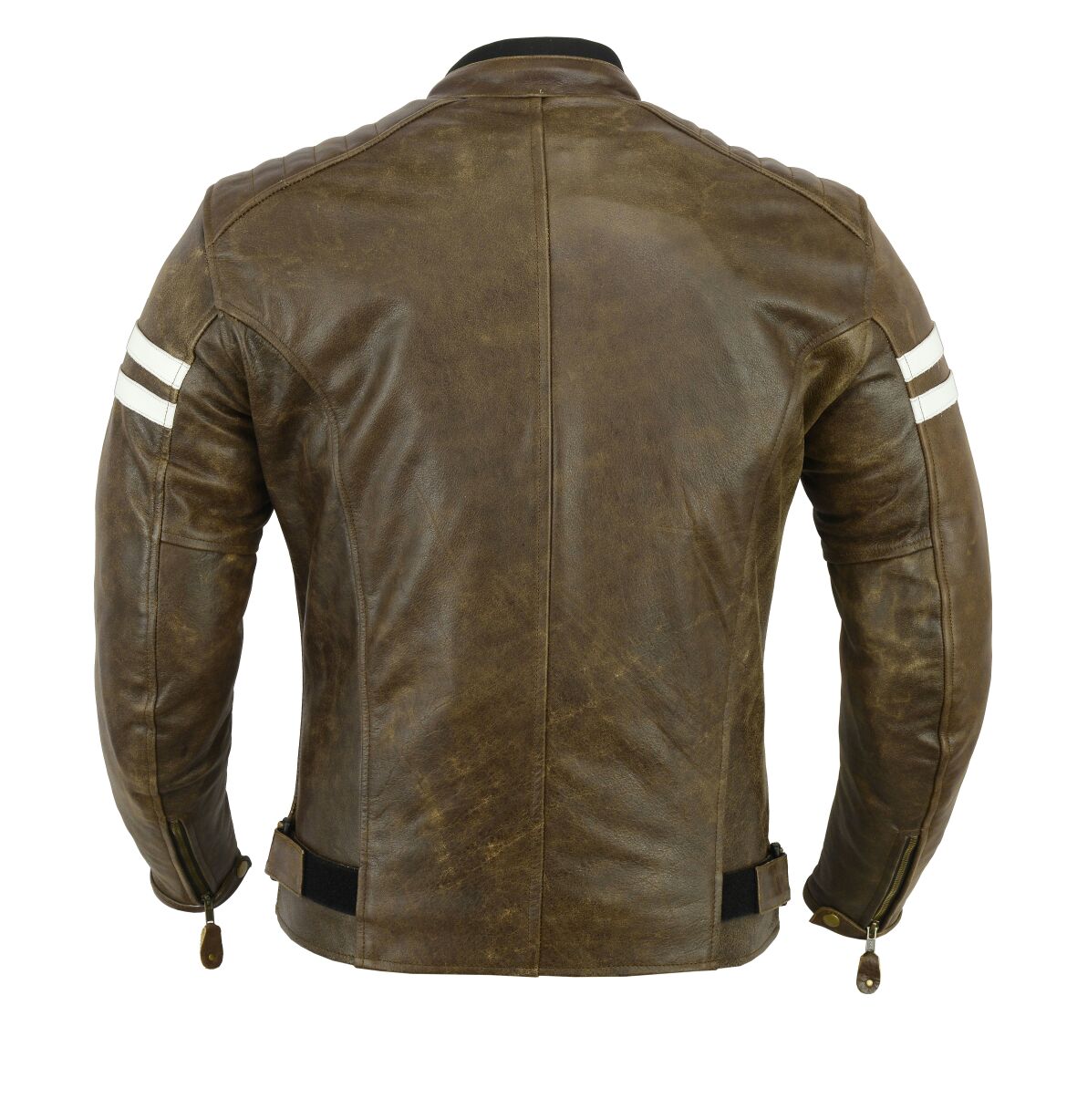 Herren Motorrad Lederjacke mit Weißen Streifen Braun Rück-Ansicht