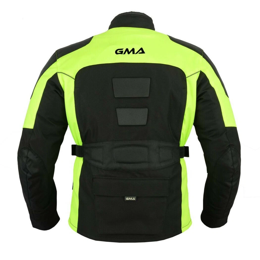 Neu Premium Herren Motorradjacke Schwarz Neon Gelb Biker Textil Motorrad Jacke A3 Rück-Ansicht