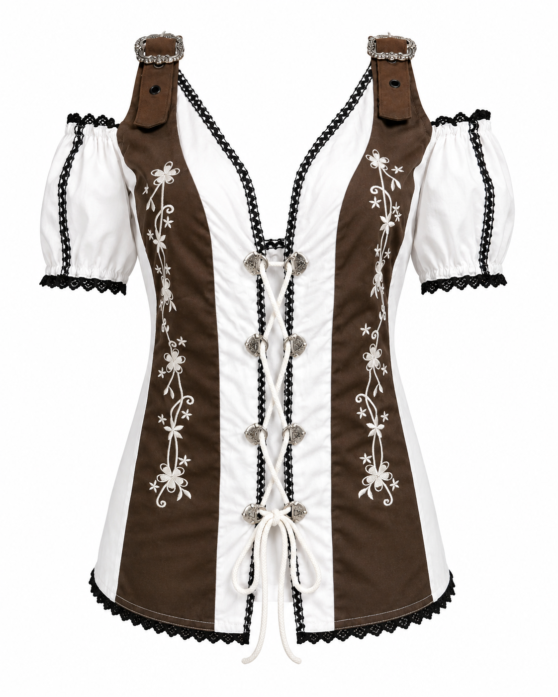 Damen Trachtenbluse Carmen Weiß Braun/Schwarz mit Stickerei & Schnürung – Bild 8