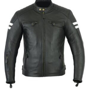 Herren Motorrad Lederjacke mit Weißen Streifen Schwarz Front-Ansicht