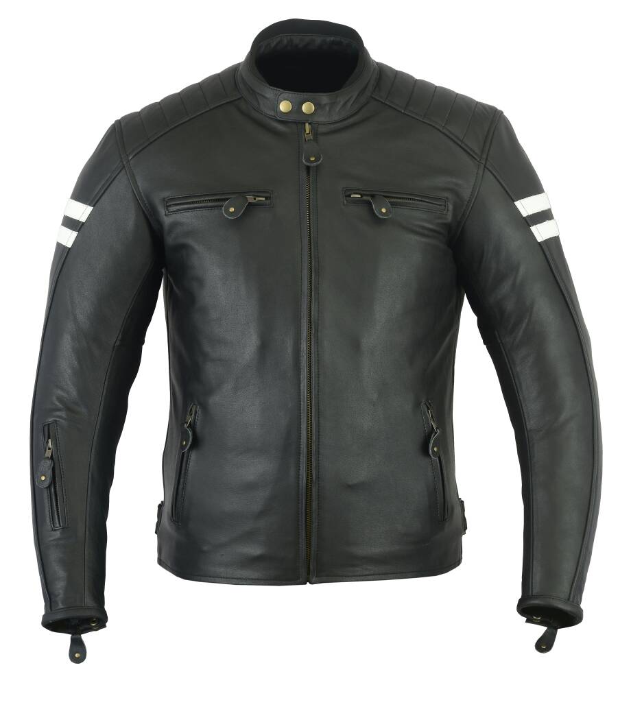 Herren Motorrad Lederjacke mit Weißen Streifen Schwarz Front-Ansicht