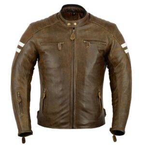 Herren Motorrad Lederjacke mit Weißen Streifen Braun Front-Ansicht