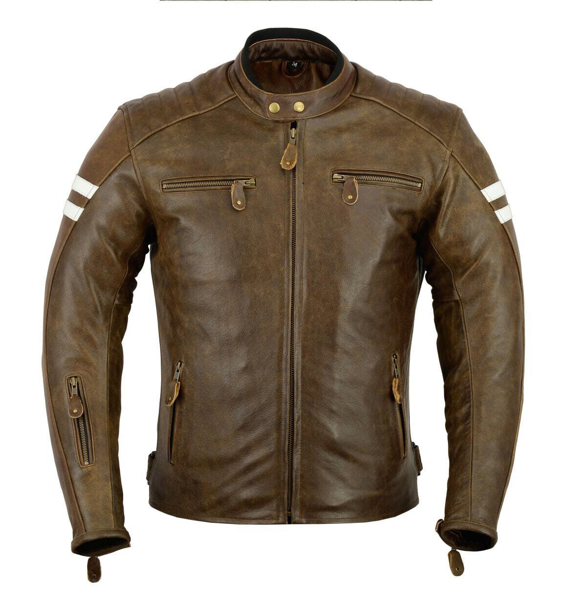 Herren Motorrad Lederjacke mit Weißen Streifen Braun Front-Ansicht