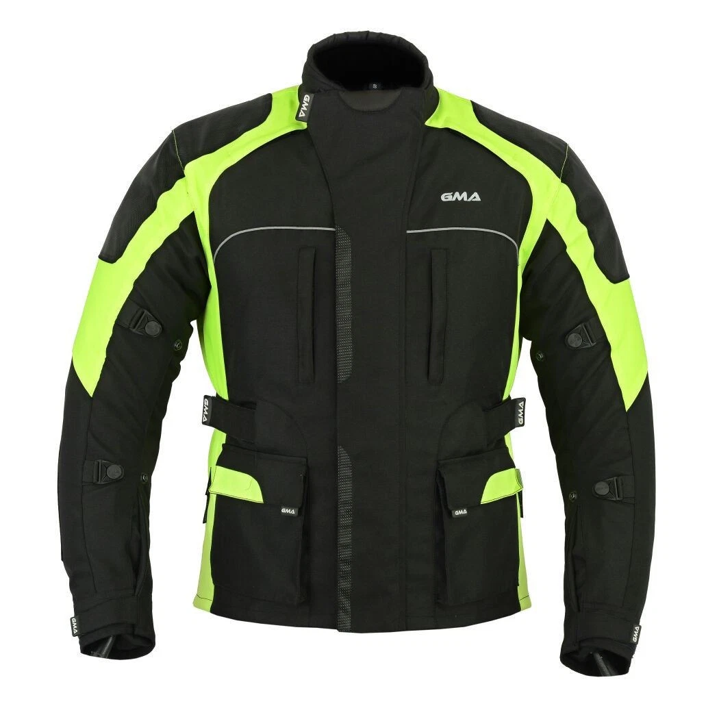 Neu Premium Herren Motorradjacke Schwarz Neon Gelb Biker Textil Motorrad Jacke A3 Front-Ansicht