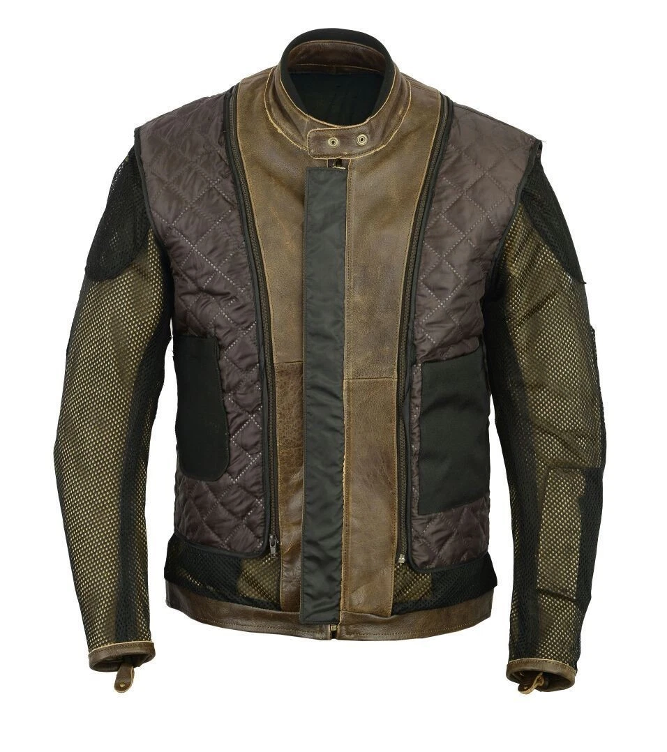Herren Motorrad Lederjacke mit Weißen Streifen Braun Front-Ansicht 2