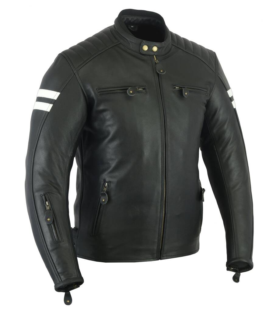 Herren Motorrad Lederjacke mit Weißen Streifen Schwarz Seiten-Ansicht