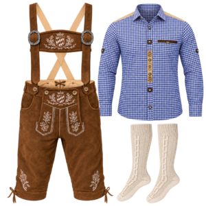 Trachtenset Braun mit Blau Hemd und Socken