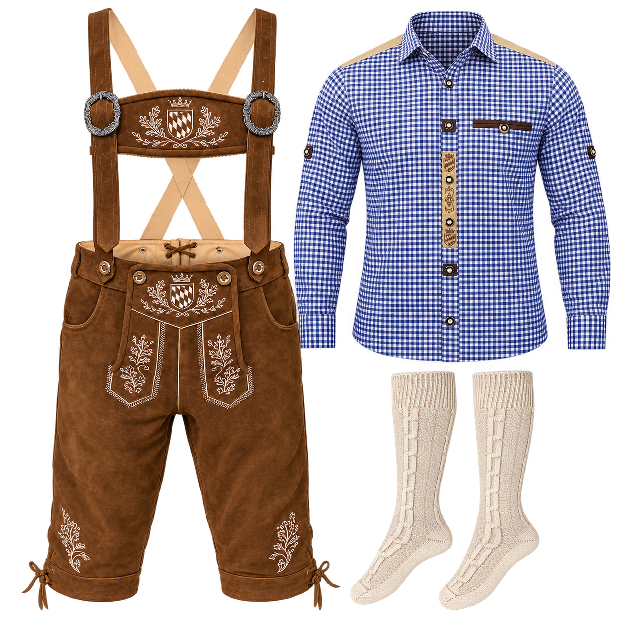 Trachtenset Braun mit Blau Hemd und Socken